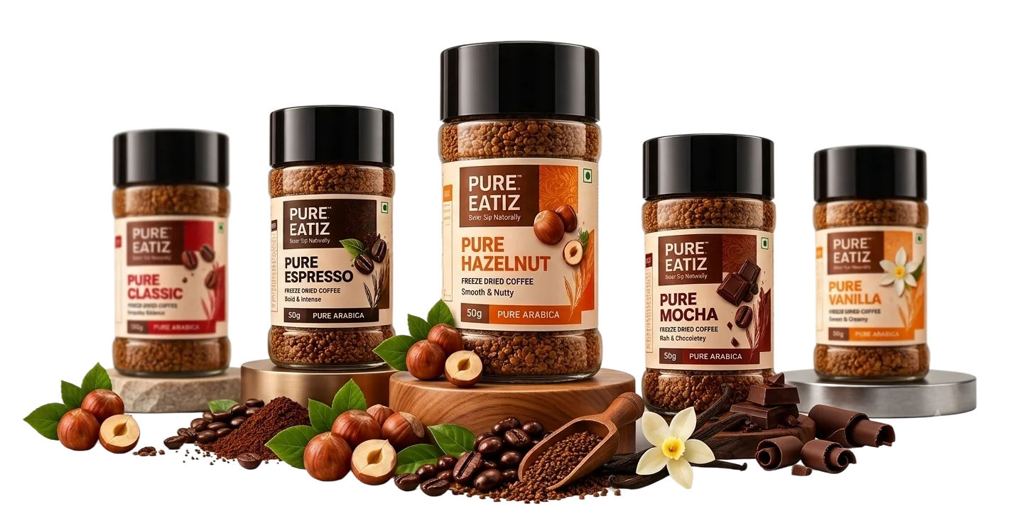 The Pure Eatiz instant coffee range: Classic, Espresso, Hazelnut, Mocha and Vanilla jars
